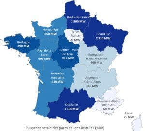 Répartition des capacités éoliennes par région à mi-2016