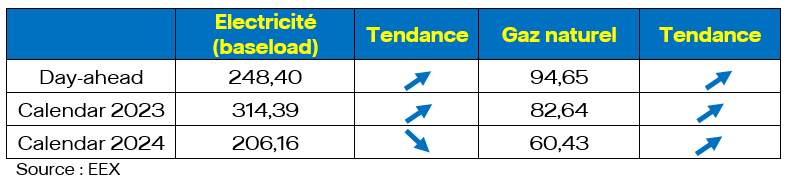 Moyenne mensuelle des prix en juin 2022 en France (en €/MWh)