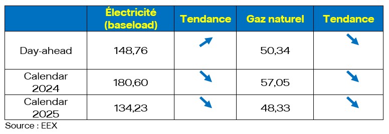 Moyenne mensuelle des prix en février 2023 en France (en €/MWh)